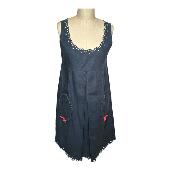 Manoush Dk Blue 100% Linen Sleeveless Scalloped Edge Pockets W. Bow Dress Size 6 - Picture 1 of 8
